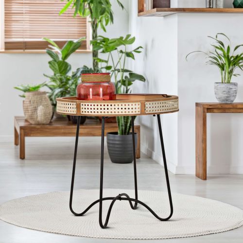 Tavolino da Salotto Marrone Nero Dettaglio Effetto Paglia di Vienna Forma Rotondo 60x60x61h cm, Colore Ripiano Marrone - Danelasa