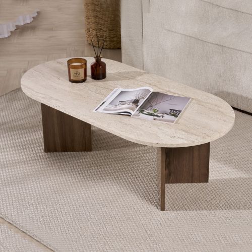 Tavolino da Salotto Marrone Noce Beige Marmo Forma Ovale Materiale Piano in Legno Nobilitato 119x60x40h cm, Colore Ripiano Beige - Elain