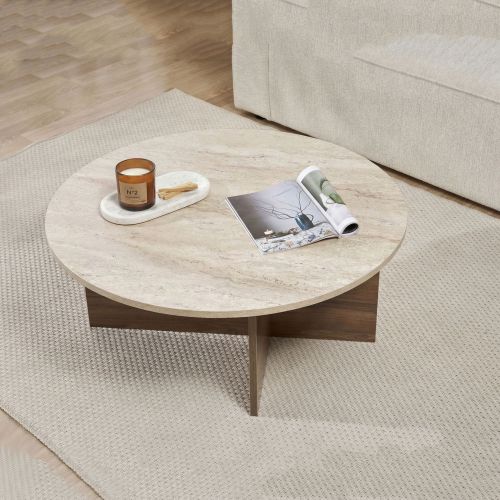 Tavolino da Salotto Marrone Noce Beige Marmo Forma Ovale Materiale Piano in Legno Nobilitato 90x90x40h cm, Colore Ripiano Beige - Simbario