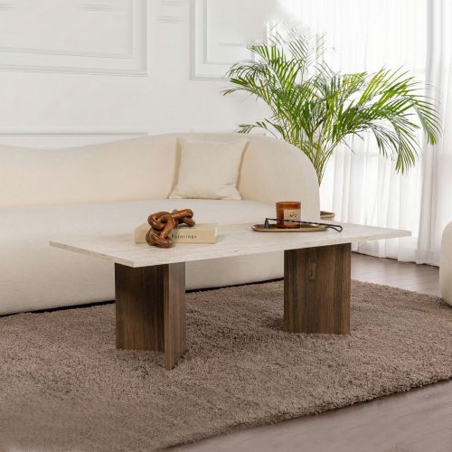 Tavolino da Salotto Marrone Noce Beige Marmo Forma Rettangolare Materiale Piano in Legno Nobilitato 119x60x40h cm, Colore Ripiano Beige - Turate