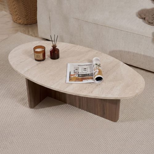 Tavolino da Salotto Marrone Noce Beige Marmo Forma Rettangolare Materiale Piano in Legno Nobilitato 120x65x40h cm, Colore Ripiano Beige - Parona