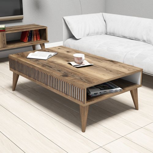 Tavolino da Salotto Marrone Noce Bianco con Piedini un Vano 105x60x35h cm, Forma Rettangolare - Sangiano