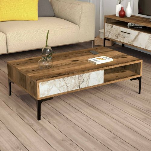 Tavolino da Salotto Marrone Noce Bianco Marmo Portariviste un Vano 105x60x33h cm, Forma Rettangolare - Gru