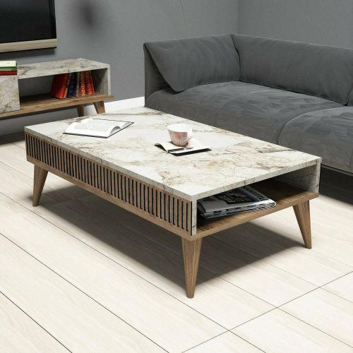 Tavolino da Salotto Marrone Noce Bianco Marmo Portariviste un Vano 105x60x35h cm, Forma Rettangolare - Atrani