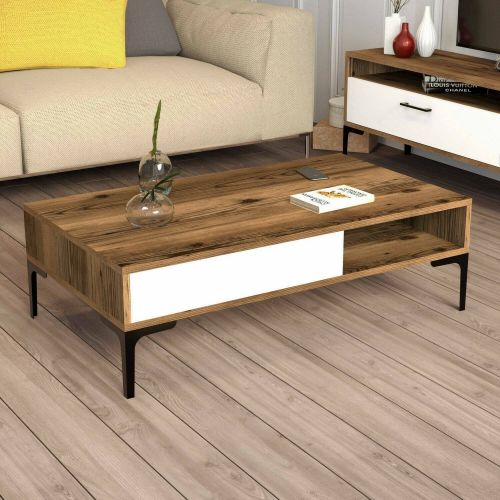 Tavolino da Salotto Marrone Noce Bianco Portariviste un Vano 105x60x33h cm, Forma Rettangolare - Gru