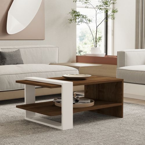 Tavolino da Salotto Marrone Noce Bianco un Vano Forma Rettangolare 80x50x35h cm, Colore Ripiano Marrone - Cambiago