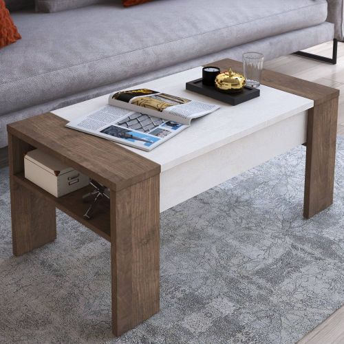 Tavolino da Salotto Marrone Noce Bianco un Vano Piano Sollevabile 98x50x43h cm, Forma Rettangolare - Corallo