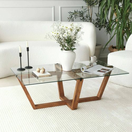 Tavolino da Salotto Marrone Noce Forma Rettangolare Materiale Piano in Vetro 105x65x35h cm, Colore Ripiano Trasparente - Visconti