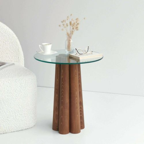 Tavolino da Salotto Marrone Noce Forma Rotonda Materiale Piano in Vetro 45x50x50h cm, Colore Ripiano Trasparente - Brasilia