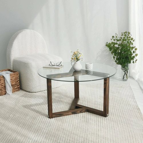 Tavolino da Salotto Marrone Noce Forma Rotonda Materiale Piano in Vetro 75x75x40h cm, Colore Ripiano Trasparente - Luigia