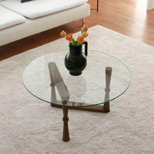 Tavolino da Salotto Marrone Noce Forma Rotonda Materiale Piano in Vetro 80x80x41h cm, Colore Ripiano Trasparente - Belvi