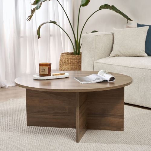 Tavolino da Salotto Marrone Noce Forma Rotondo Materiale Piano in Legno Nobilitato 90x90x40h cm, Colore Ripiano Marrone - Simbario