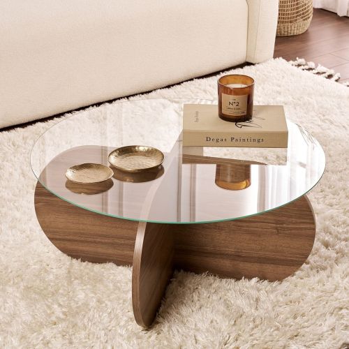 Tavolino da Salotto Marrone Noce Forma Rotondo Materiale Piano in Vetro 75x75x35h cm, Colore Ripiano Trasparente - Cugnoli