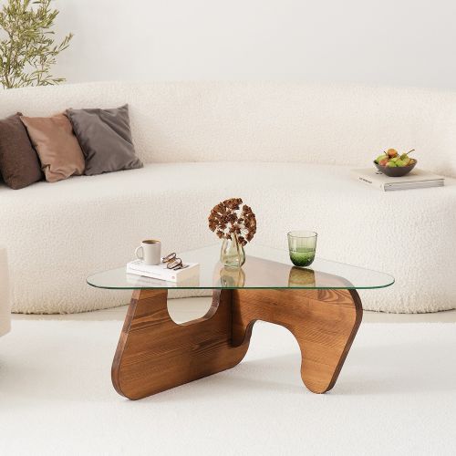 Tavolino da Salotto Marrone Noce Forma Triangolare Materiale Piano in Vetro 86x66x36h cm, Colore Ripiano Trasparente - Volpiano