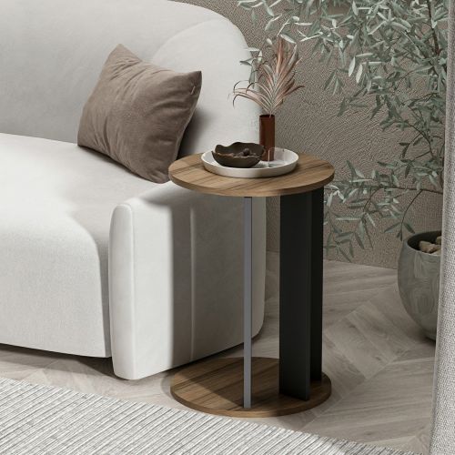 Tavolino da Salotto Marrone Noce Nero Antracite Forma Rotondo Materiale Piano in Legno Nobilitato 34x34x64h cm, Colore Ripiano Marrone - Penango