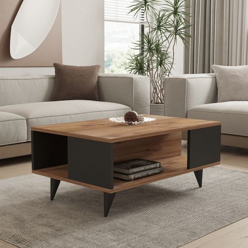 Tavolino da Salotto Marrone Noce Nero Antracite un Vano con Piedini 90x60x40h cm, Forma Rettangolare - Lurano