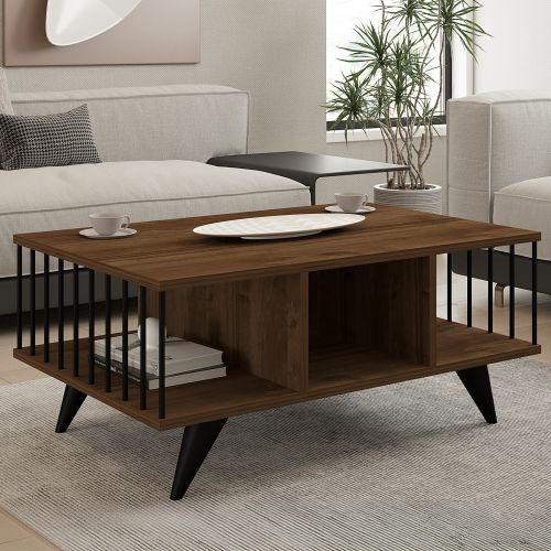 Tavolino da Salotto Marrone Noce Nero con Piedini 3 Vani 90x60x40h cm, Forma Rettangolare - Dogliani