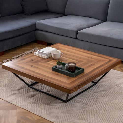 Tavolino da Salotto Marrone Noce Nero Forma Quadrato Materiale Piano in Legno Nobilitato 100x100x32h cm, Sfumatura Colore Struttura Noce - Sostene
