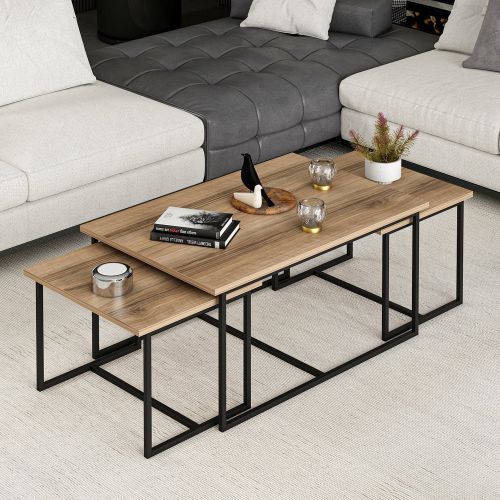 Tavolino da Salotto Marrone Noce Nero set 3 Pezzi Modulabili Forma Rettangolare 90x60x42h cm, Colore Ripiano Marrone - Calco