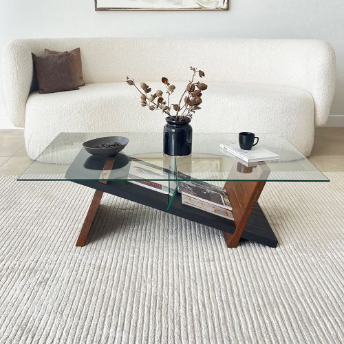 Tavolino da Salotto Marrone Noce Nero un Vano Forma Rettangolare 105x65x31h cm, Colore Ripiano Trasparente - Incarico