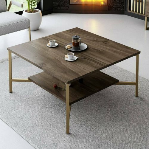 Tavolino da Salotto Marrone Noce oro Piedini oro un Vano 80x80x40h cm, Forma Quadrata - Mia