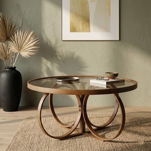 Tavolino da Salotto Marrone Noce Piano in Vetro Temperato Forma Ovale 100x100x47h cm, Materiale Struttura in Vetro - Gargallo