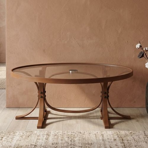 Tavolino da Salotto Marrone Noce Piano in Vetro Temperato Forma Ovale 112x78x47h cm, Materiale Struttura in Vetro - Sommo