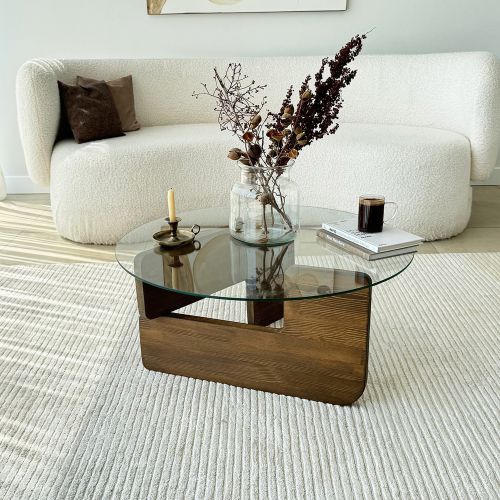 Tavolino da Salotto Marrone Noce Piano in Vetro Temperato Forma Rotondo 75x75x35h cm, Sfumatura Colore Struttura Noce - Cornalba