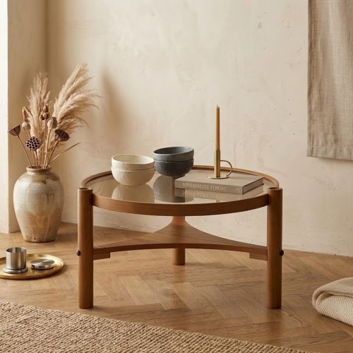 Tavolino da Salotto Marrone Noce un Vano Piano in Vetro Temperato 100x100x46h cm, Forma Rotondo - Canterano