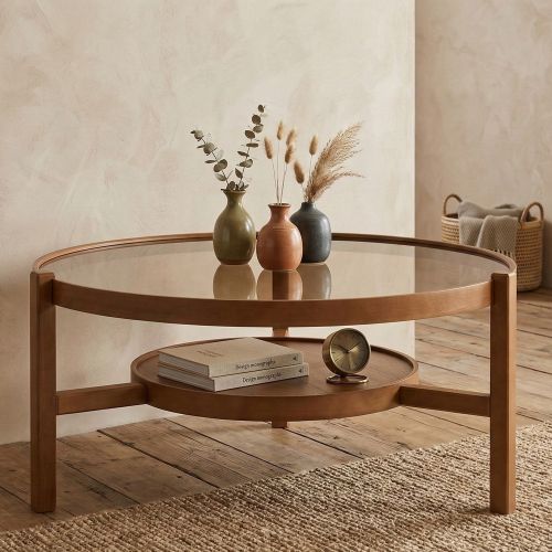 Tavolino da Salotto Marrone Noce un Vano Piano in Vetro Temperato 100x100x48h cm, Forma Rotondo - Olzai