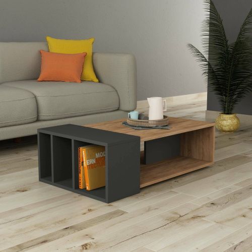 Tavolino da Salotto Marrone Quercia Nero Antracite 4 Vani Forma Rettangolarearrotondata 102x60x32h cm, Colore Ripiano Marrone - Tufo