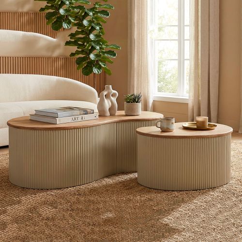 Tavolino da Salotto Marrone Rovere Beige set da 2 Colore Ripiano Marrone 37x58x92h cm, Materiale Struttura in Metallo - Kashan