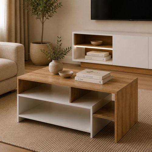 Tavolino da Salotto Marrone Rovere Bianco 3 Vani Forma Rettangolare 120x60x53h cm, Colore Ripiano Marrone - Karaseso