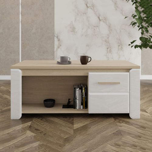 Tavolino da Salotto Marrone Rovere Bianco Opaco con Piedini 2 Vani 120x55x50h cm, Forma Rettangolare - Niella