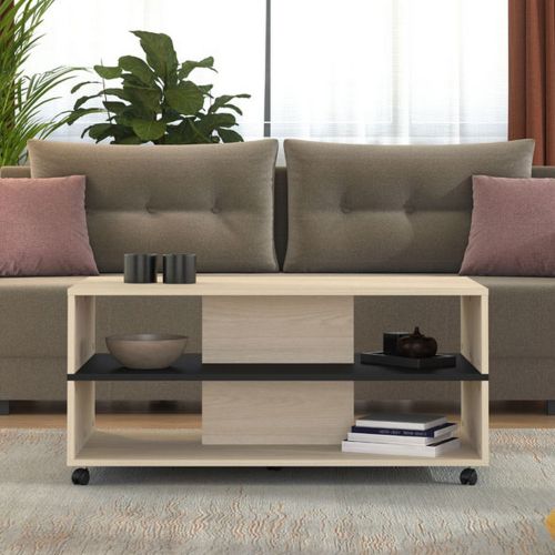 Tavolino da Salotto Marrone Rovere Chiaro Nero con Ruote 2 Vani 101x54.5x47.5h cm, Forma Rettangolare - Erice