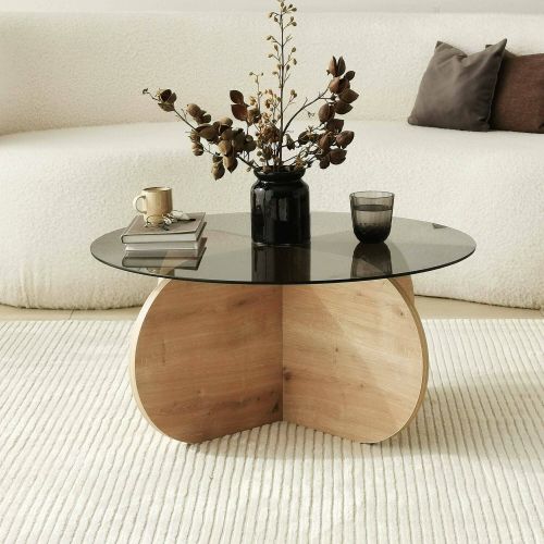 Tavolino da Salotto Marrone Rovere Effetto Fume Forma Rotonda 75x75x35h cm, Materiale Struttura in Vetro - Nila
