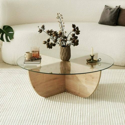 Tavolino da Salotto Marrone Rovere Forma Circolare Materiale Piano in Vetro 90x90x30h cm, Colore Ripiano Trasparente - Jolanda