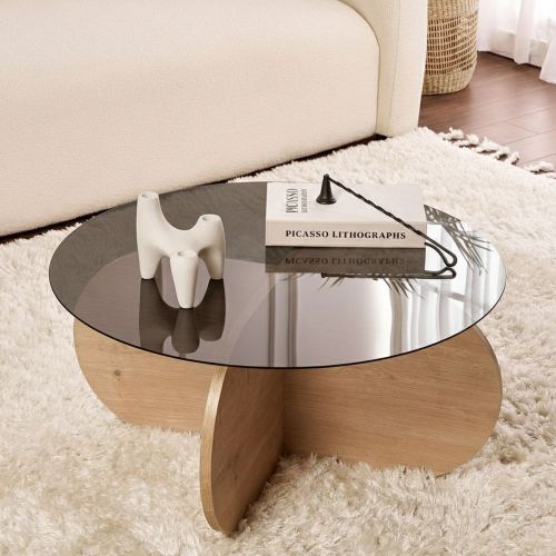 Tavolino da Salotto Marrone Rovere Forma Rotondo Colore Ripiano Trasparente 75x75x35h cm, Sfumatura Colore Struttura Rovere - Cugnoli