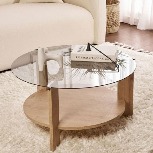 Tavolino da Salotto Marrone Rovere Forma Rotondo Colore Ripiano Trasparente 75x75x40h cm, Sfumatura Colore Struttura Rovere - Canevino