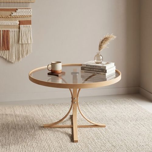 Tavolino da Salotto Marrone Rovere Forma Rotondo Colore Ripiano Trasparente 80x80x47h cm, Sfumatura Colore Struttura Rovere - Santhia