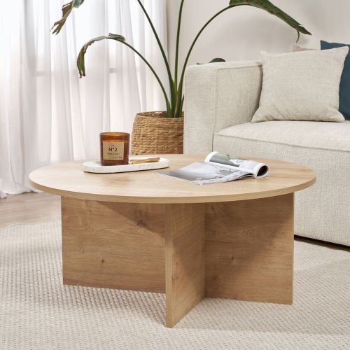 Tavolino da Salotto Marrone Rovere Forma Rotondo Materiale Piano in Legno Nobilitato 90x90x40h cm, Colore Ripiano Marrone - Simbario
