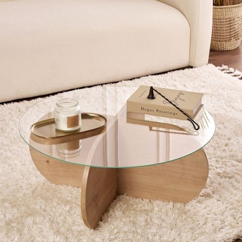 Tavolino da Salotto Marrone Rovere Forma Rotondo Materiale Piano in Vetro 75x75x35h cm, Colore Ripiano Trasparente - Cugnoli