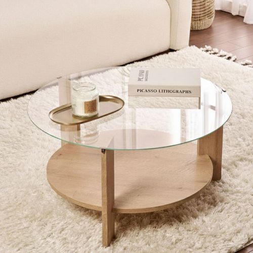 Tavolino da Salotto Marrone Rovere Forma Rotondo Materiale Piano in Vetro 75x75x40h cm, Colore Ripiano Trasparente - Canevino