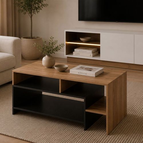 Tavolino da Salotto Marrone Rovere Nero 3 Vani Forma Rettangolare 120x60x53h cm, Colore Ripiano Marrone - Karaseso
