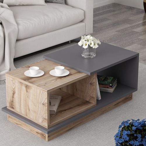 Tavolino da Salotto Marrone Rovere Nero Antracite 2 Vani Modulabile 90x45x36h cm, Forma Rettangolare - Chiavari