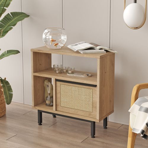 Tavolino da Salotto Marrone Rovere Nero Effetto Paglia di Vienna 3 Vani 60x26x60h cm, Forma Rettangolare - Calvi