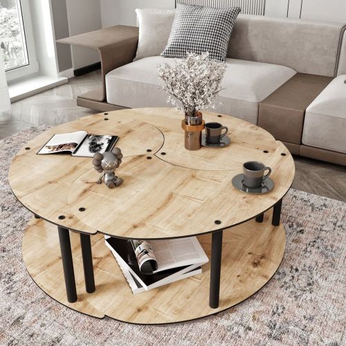 Tavolino da Salotto Marrone Rovere Nero Modulabile 3 Vani 70x70x38h cm, Forma Rotondo - Gignese
