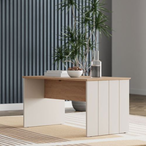 Tavolino da Salotto Marrone Rovere Nodi Bianco Crema Forma Rettangolare Colore Ripiano Marrone 90x50x47h cm, Colore Struttura Bianco - Pecor