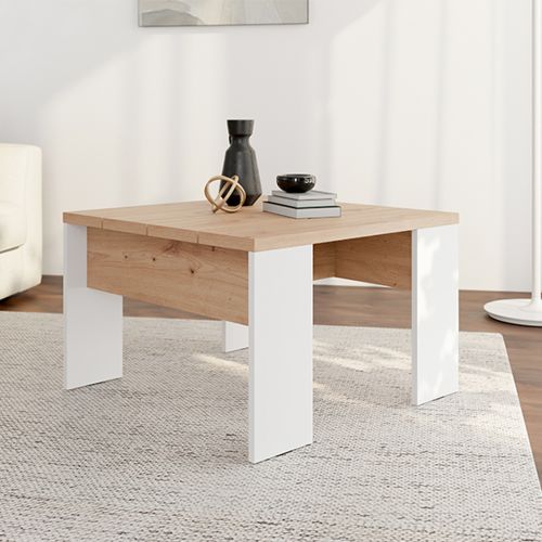 Tavolino da Salotto Marrone Rovere Nodi Bianco Piano Effetto Doghe Forma Quadrato 67x67x43h cm, Colore Ripiano Marrone - Magre