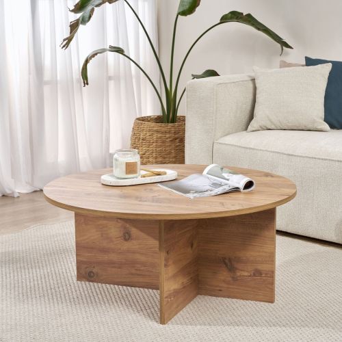 Tavolino da Salotto Marrone Rovere Nodi Forma Rotondo Materiale Piano in Legno Nobilitato 90x90x40h cm, Colore Ripiano Marrone - Simbario